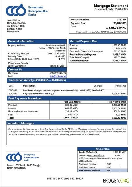 Macédoine du Nord Centralna Kooperativna Banka AD Skopje relevé hypothécaire Modèle Word et PDF